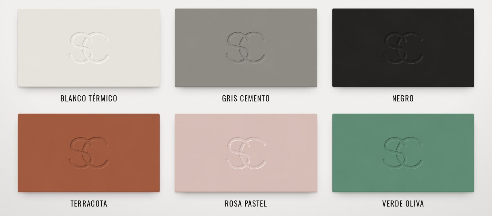 Muestra de colores Ser Concreto: blanco térmico, gris cemento, negro, terracota, rosa pastel y verde oliva